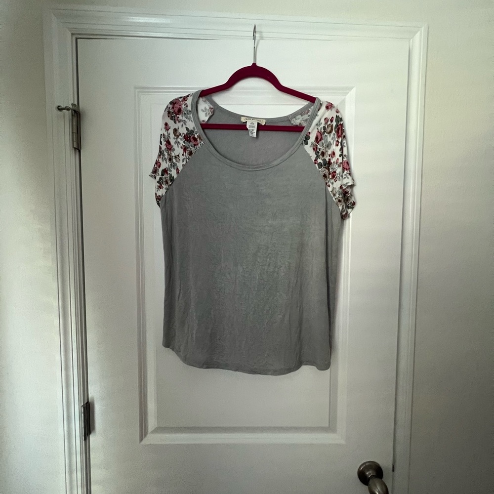 Late August Gray Top with Floral sleeves
